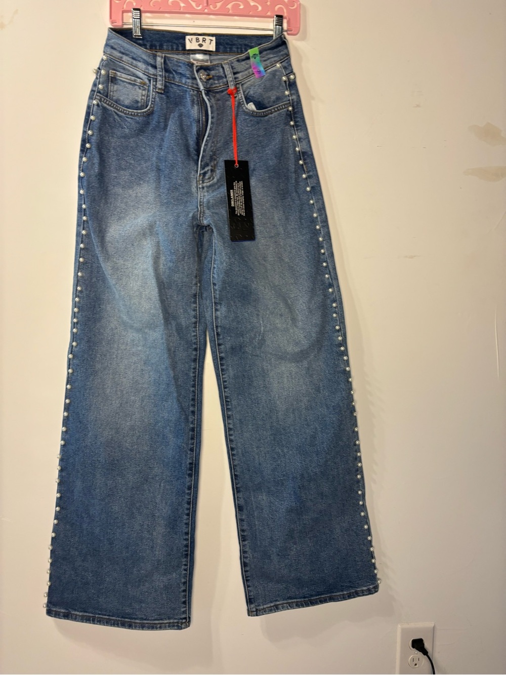 Pearl-Trim Denim Wide-Leg Jeans in Blue